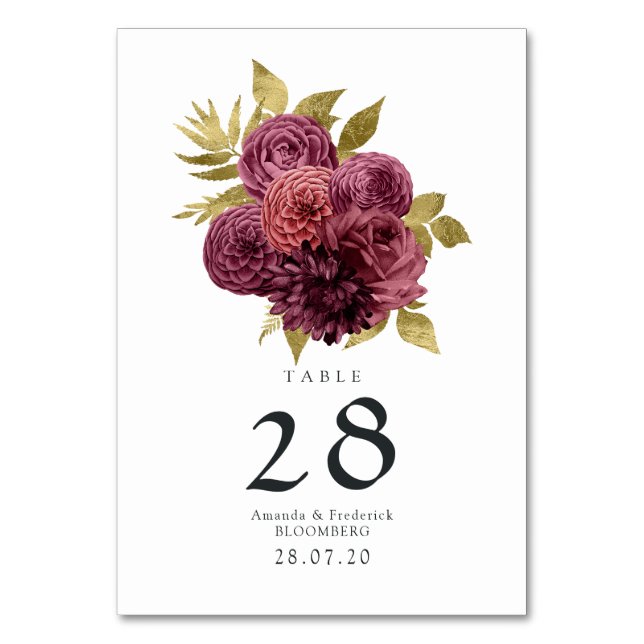 Vintage Burgundy och Guld Blommig Bröllop Bordsnummer (Framsidan)