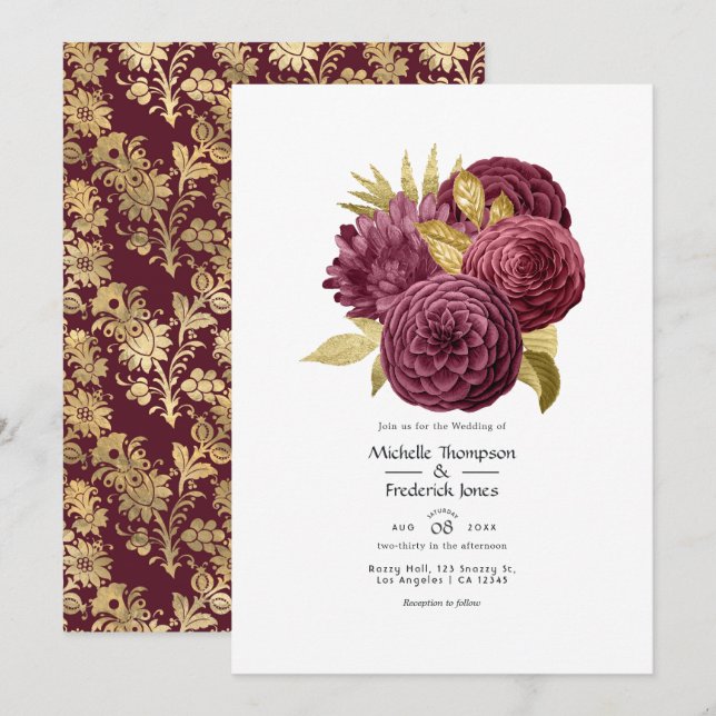 Vintage Burgundy och Guld Blommig Bröllopsinbjudan Inbjudningar (Fram/baksida)