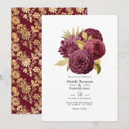 Vintage Burgundy och Guld Blommig Bröllopsinbjudan Inbjudningar