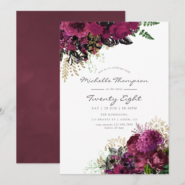 Vintage Burgundy och Guld Blommigt vid födelsedag Inbjudningar (Fram/baksida)