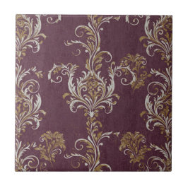 Vintage Burgundy och Guld Damask Kakelplatta
