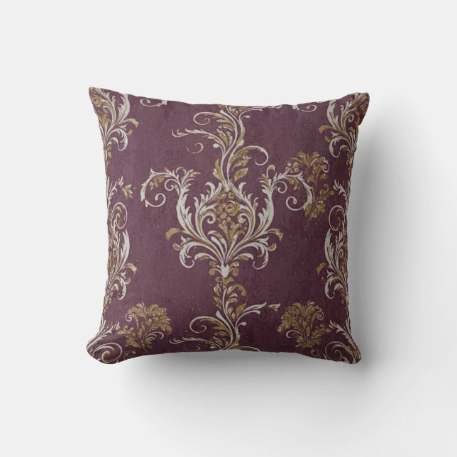 Vintage Burgundy och Guld Damask Kudde (Framsida)