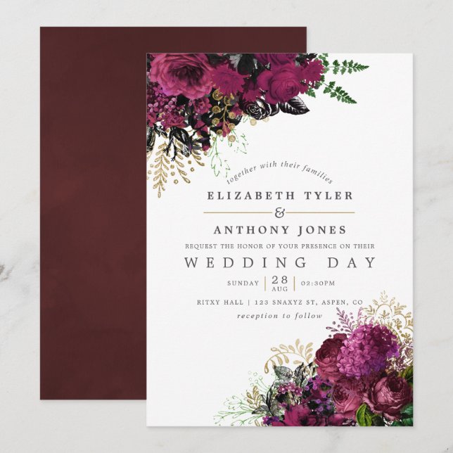 Vintage Burgundy och Guld Shabby Blommigt Bröllop Inbjudningar (Fram/baksida)