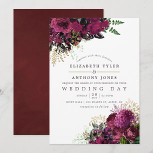 Vintage Burgundy och Guld Shabby Blommigt Bröllop Inbjudningar