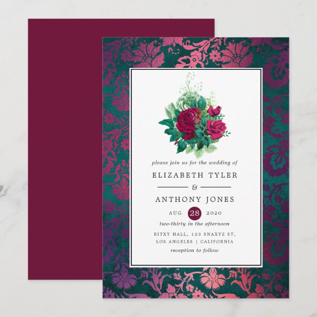 Vintage Burgundy Plum och Teal Blommigt Bröllop Inbjudningar (Fram/baksida)