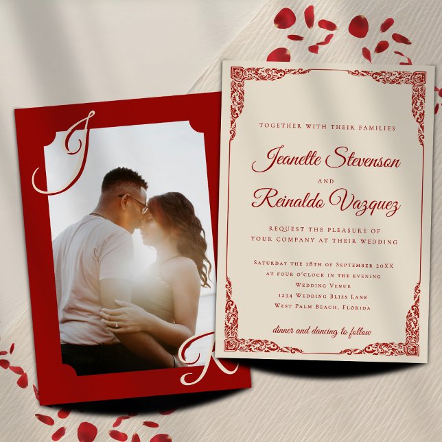 Vintage Burgundy Red Bone White Photo Wedding  Inbjudningar (Skapare uppladdad)