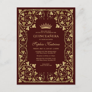 Vintage Burgundy Red Guld Modern Tiara Quinceanera Inbjudan Vykort