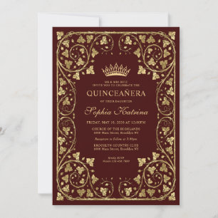 Vintage Burgundy Red Guld Modern Tiara Quinceanera Inbjudningar