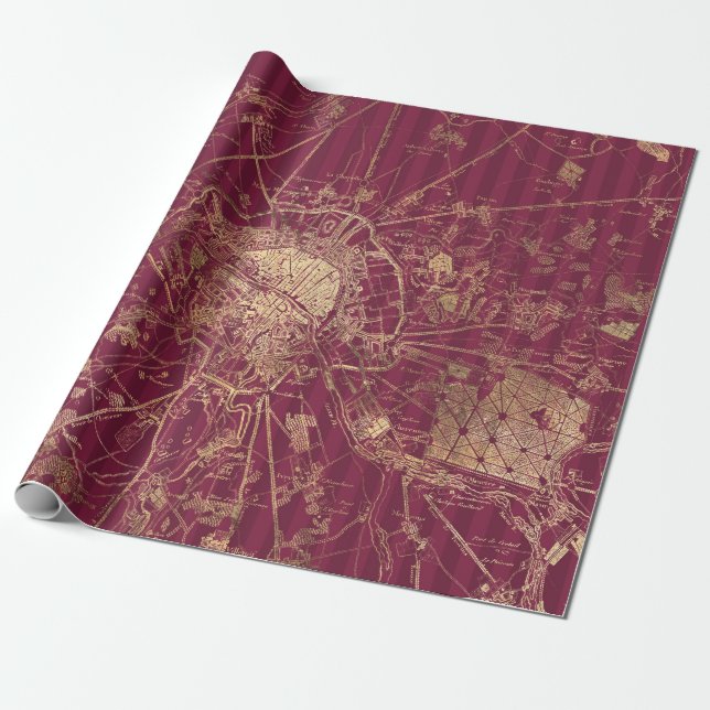 Vintage Burgundy Red och Guld Travel Karta Presentpapper (Utrullad)