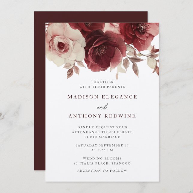 Vintage Burgundy Ro Elegance Bröllop Inbjudningar (Fram/baksida)