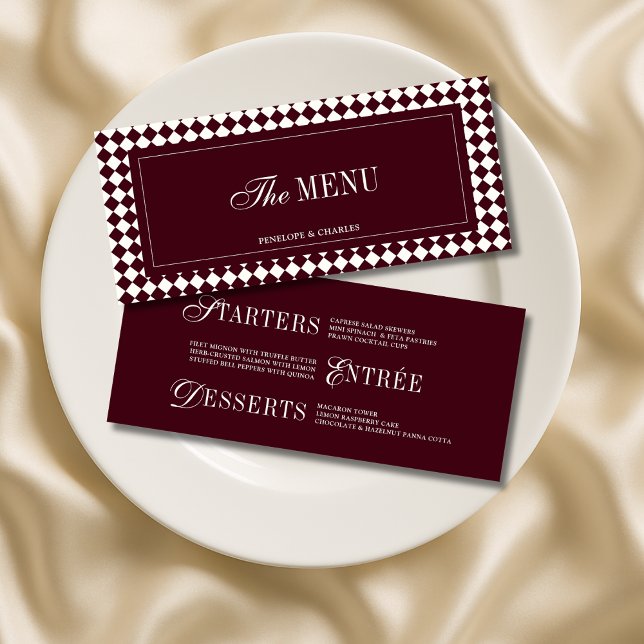 Vintage Burgundy Rutigt Elegant Bröllopsskrift Meny (Skapare uppladdad)