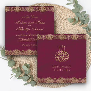 Vintage Burgundy Spetsar Islamska Muslimska Bröllo Inbjudningar