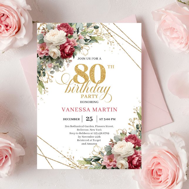 Vintage Burgundy Vit Blommig 80-års Födelsedagsinb Inbjudningar (Vintage Burgundy White Floral 80th Birthday Invite)