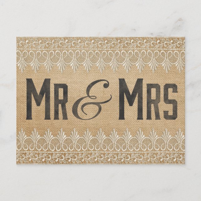 Vintage Burlap Mr & Mrs Postcard Vykort (Framsida)