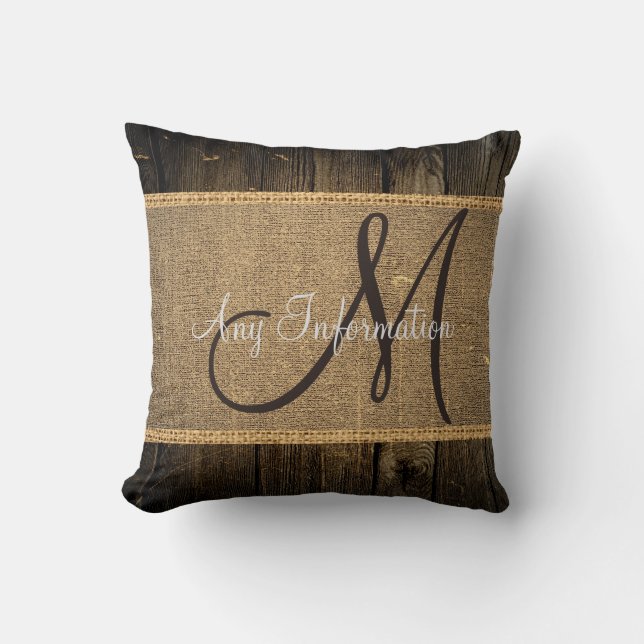 Vintage burlap rustik trämönster monogram kudde (Framsida)