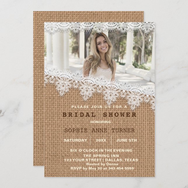 Vintage Burlap Snöre Photo Möhippa Inbjudningar (Fram/baksida)