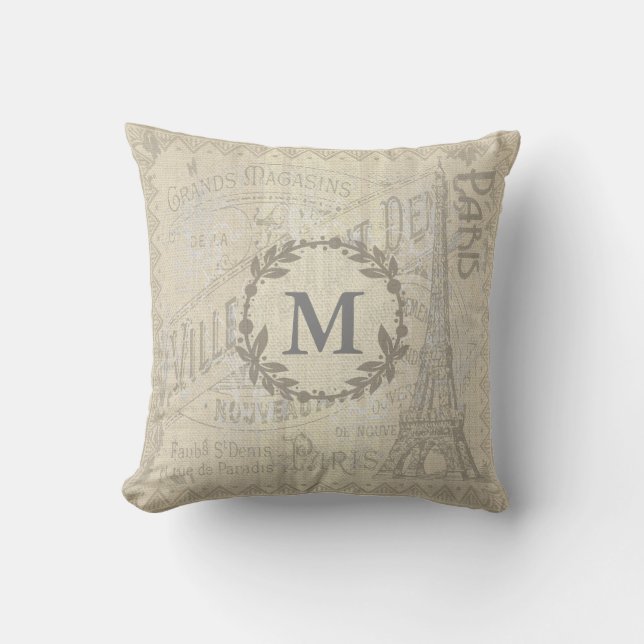 Vintage Burlap utomhus- texturerade PARIS kudder Kudde (Framsida)