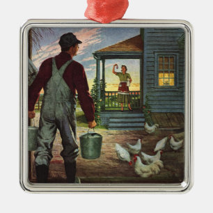 Vintage Business, farm with Farmer and Chickens Julgransprydnad Metall