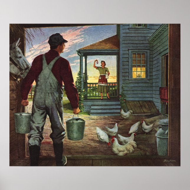 Vintage Business, farm with Farmer and Chickens Poster (Framsidan)