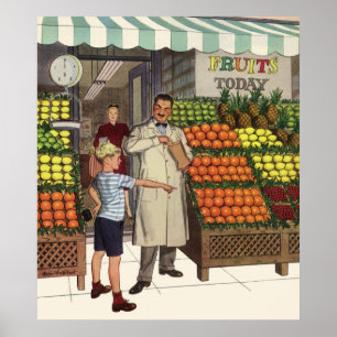 Vintage Business, Fruktställ med Grocer och Boy Poster