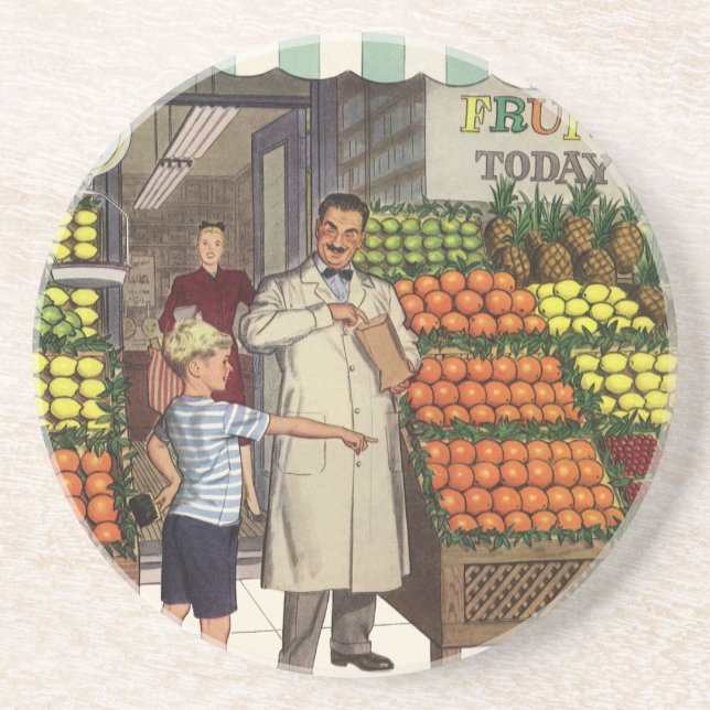 Vintage Business, Fruktställ med Grocer och Boy Underlägg (Framsidan)