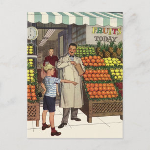 Vintage Business, Fruktställ med Grocer och Boy Vykort