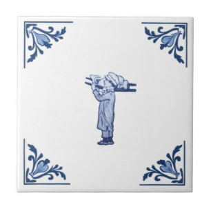 Vintage Butcher Delivery Boy Delft Blue & White Kakelplatta