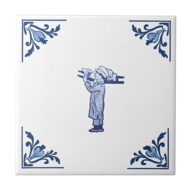 Vintage Butcher Delivery Boy Delft Blue & White Kakelplatta (Framsidan)