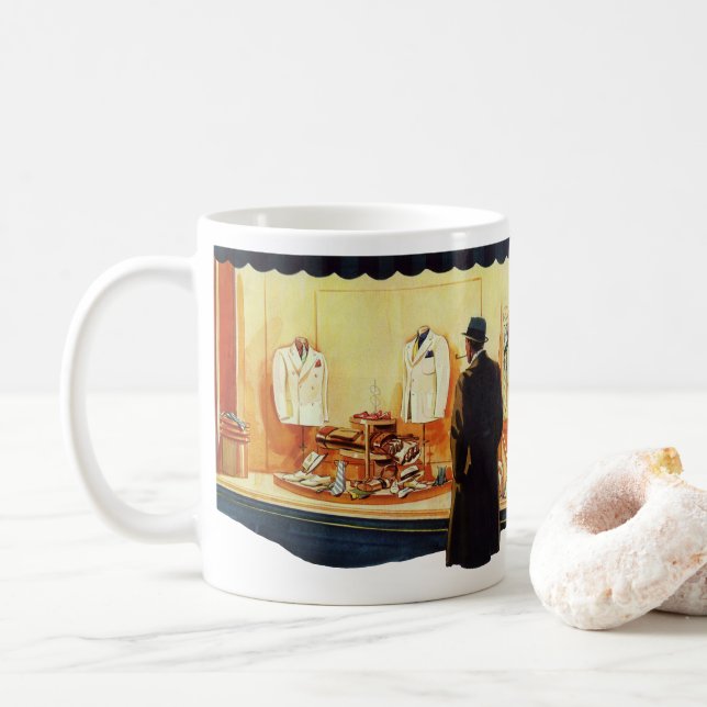 Vintage butik, man som tittar i fönstret kaffemugg (Med munk)