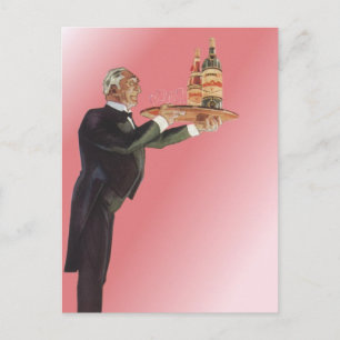 Vintage butler i smoking som serverar vin på brick vykort