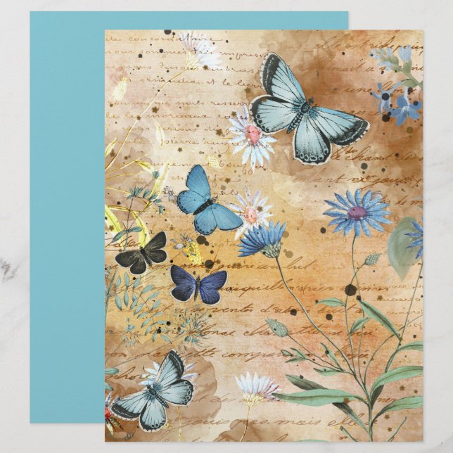 Vintage Butterflies Blommigt Collage Scrapbook Pap (Fram/baksida)