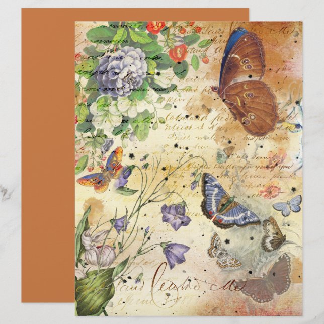 Vintage Butterflies Blommigt Collage Scrapbook Pap (Fram/baksida)