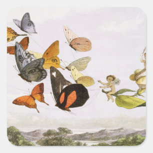 Vintage Butterflies & Fairy Old Illustration Art Fyrkantigt Klistermärke