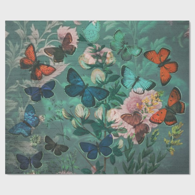 Vintage Butterflies & Flowers Blue Presentpapper (Platt)
