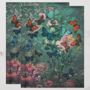 Vintage Butterflies & Flowers Blue Scrapbook Pappe