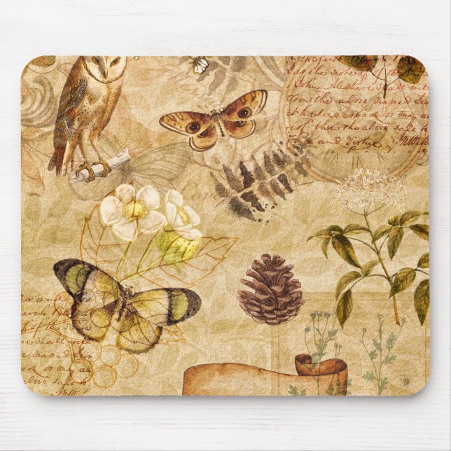 Vintage Butterflies Foliage Blommigt Mouse Pad Musmatta (Framsidan)
