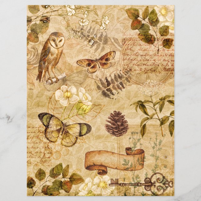 Vintage Butterflies Foliage Blommigt Scrapbook Pap (Framsida)