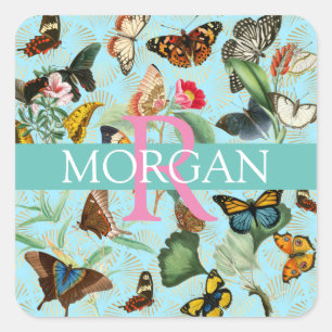 Vintage Butterflies, Monogram & Namn, Teal & Guld Fyrkantigt Klistermärke