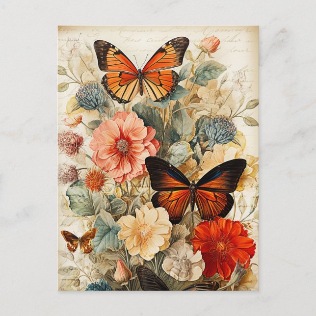 Vintage Butterflies och Flowers Vykort (Framsida)