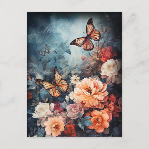Vintage Butterflies och Flowers Vykort