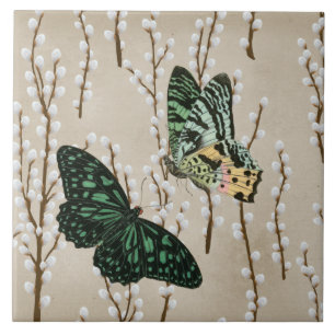 Vintage Butterflies på White Willow Catkins Kakelplatta