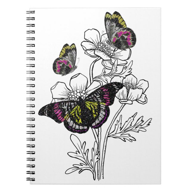 Vintage butterfly , estetiska blommor anteckningsbok (Framsidan)