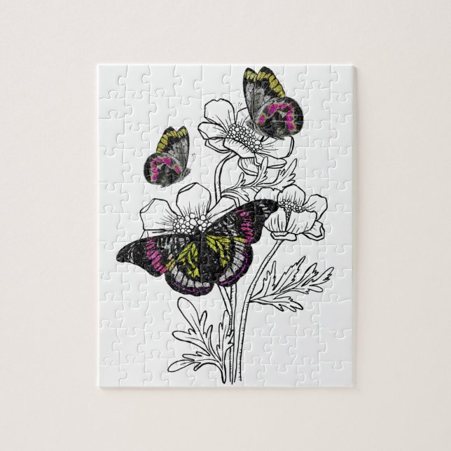 Vintage butterfly , estetiska blommor pussel (Vertikal)
