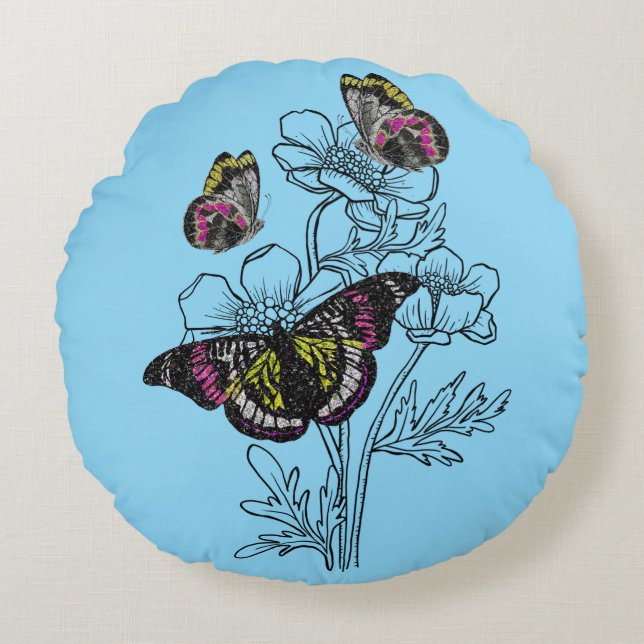 Vintage butterfly , estetiska blommor rund kudde (Framsidan)