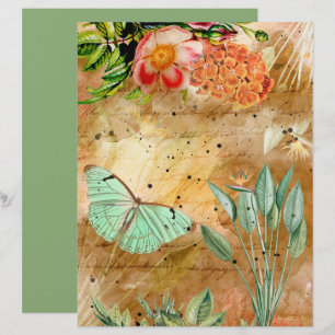Vintage Butterfly Flowers Foliage Scrapbook Papper