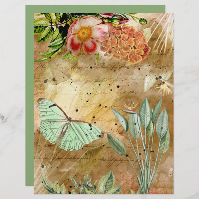 Vintage Butterfly Flowers Foliage Scrapbook Papper (Fram/baksida)