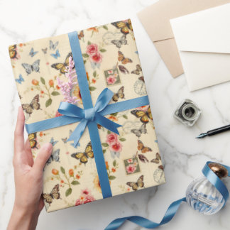 Vintage Butterfly & Flowers Rolled Gift Wrap Presentpapper