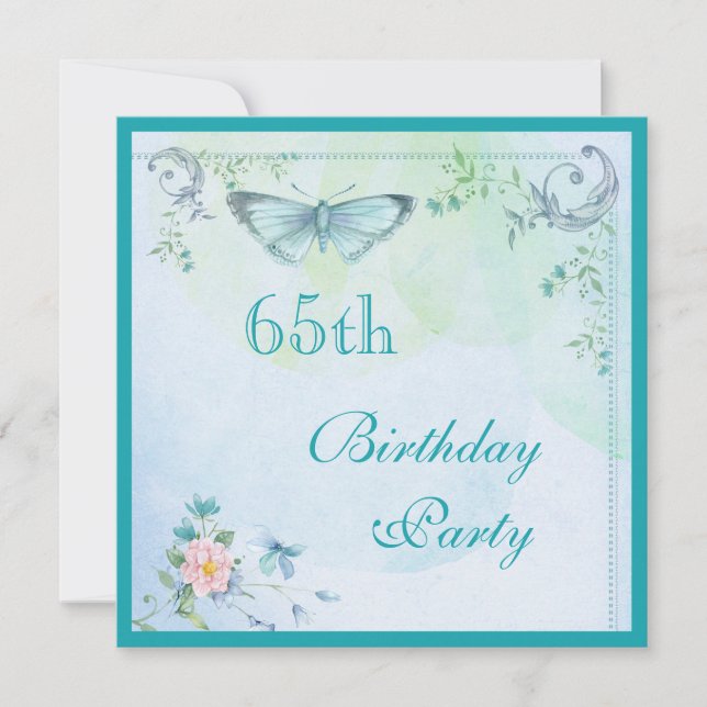 Vintage Butterfly, Flowers & Swirls 65e Birthday Inbjudningar (Framsida)
