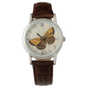 Vintage Butterfly Illustration, Guld och Brown Armbandsur