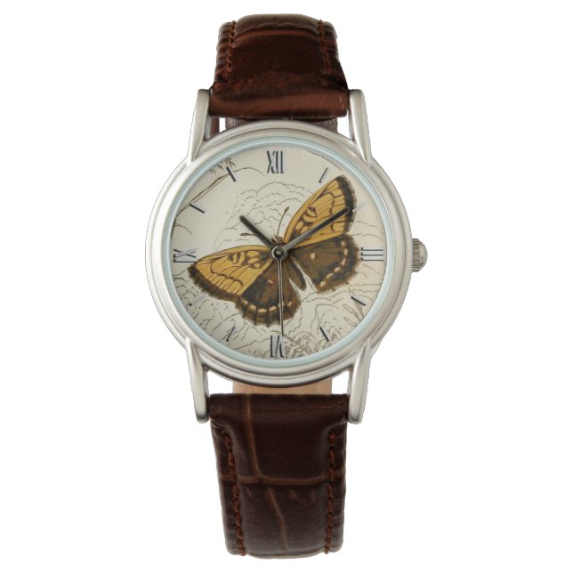 Vintage Butterfly Illustration, Guld och Brown Armbandsur (Framsida)